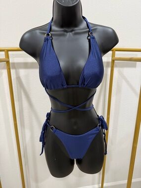 Navy Blue Wrap String Bikini Set Size S Adjustable Triangle Swim